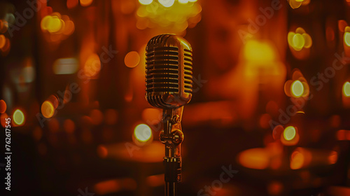 Close-up of vintage microphone in dim light jazz club ambiance photo