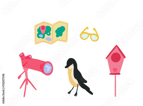 Bird watching flat design set with bird and map