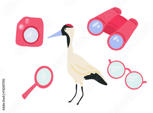 Bird watching set flat design with camera and crane