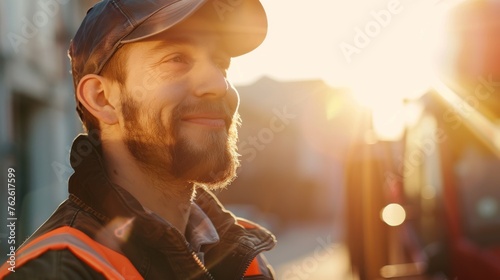 A man wearing an orange vest and a blue hat is smiling. He is standing in front of a truck