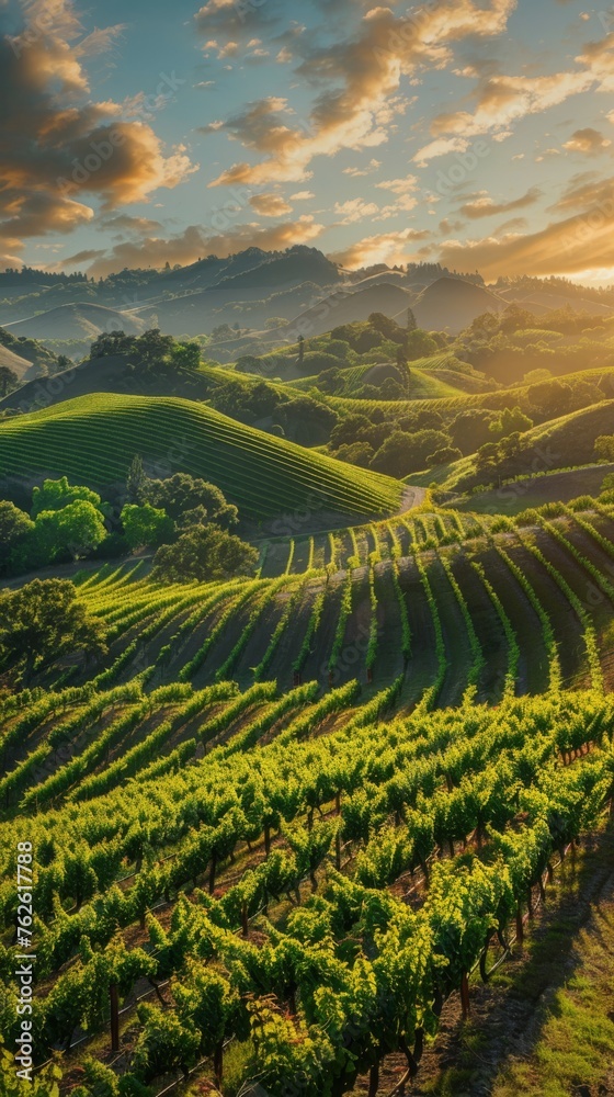 The sun is setting behind the hills, casting a warm glow over the vineyard below. The rows of grapevines lead towards the horizon, creating a peaceful and idyllic scene.