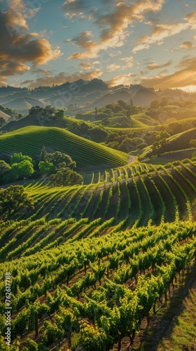 The sun is setting behind the hills  casting a warm glow over the vineyard below. The rows of grapevines lead towards the horizon  creating a peaceful and idyllic scene.
