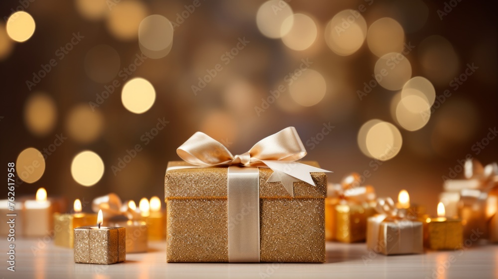 Generative AI Ultra-realistic portrayal capturing the allure of white and gold Christmas presents arranged atop an empty table, complemented by enchanting blurred bokeh lights. Elegant and festive atm Generative AI Ultra-realistic portrayal capturing the allure of white and gold Christmas presents arranged atop an empty table, complemented by enchanting blurred bokeh lights. Elegant and festive atm