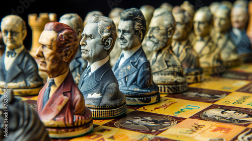 Chess pieces with the faces of historical figures on currency notes