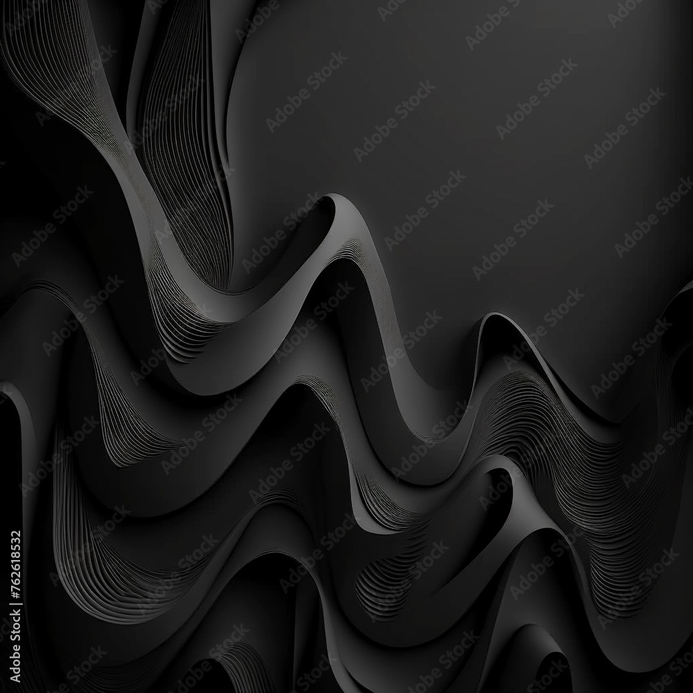 An abstract black background with 3D waves, soft edges, and curves that highlight the play of light on smooth surfaces. The composition is balanced, demonstrating the elegance of lines and the beauty - obrazy, fototapety, plakaty 