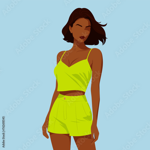 Vector flat fashion illustration of a young African girl with an abstract face wearing a bright green summer suit of top and shorts.
