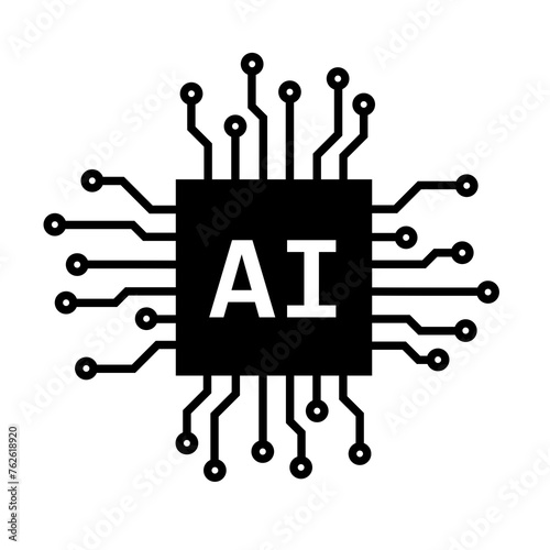 Artificial intelligence - computer chip and processor with AI text. Modern cybernetic information technology. Vector illustration isolated on white.