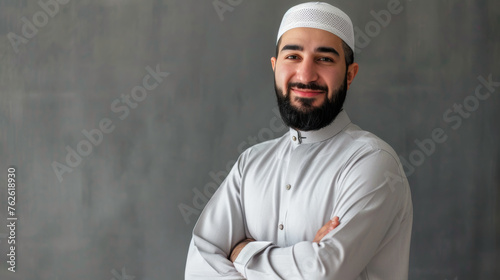 Portrait Muslim man on the gray background