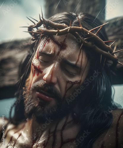 illustration OF JESUS ​​WITH CROWNS OF THORNS ON THE CROSS - GENERATED BY AI
