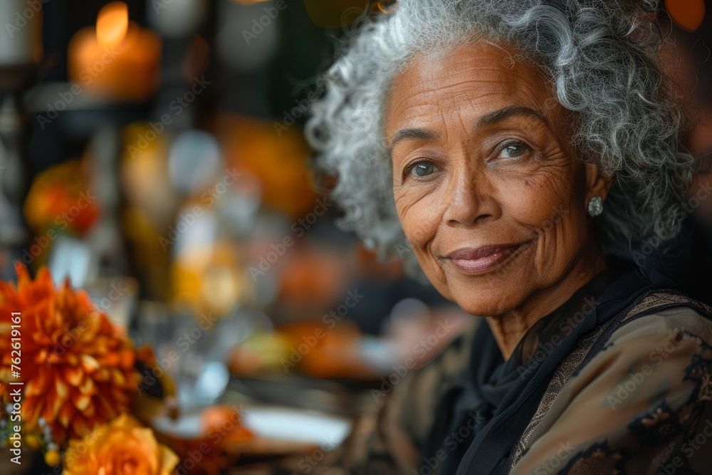 An elderly woman with graceful gray hair and a warm smile sits elegantly at a festive table.