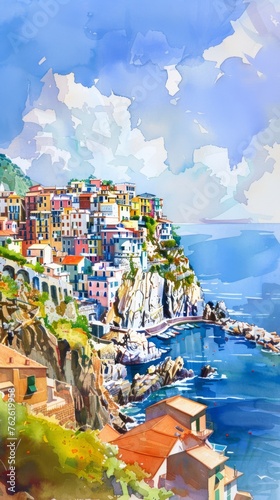 A watercolor painting showcasing a town perched on a cliff with a stunning view of the ocean. The buildings are nestled on the edge of the cliff, overlooking the vast expanse of water below. Waves cra photo