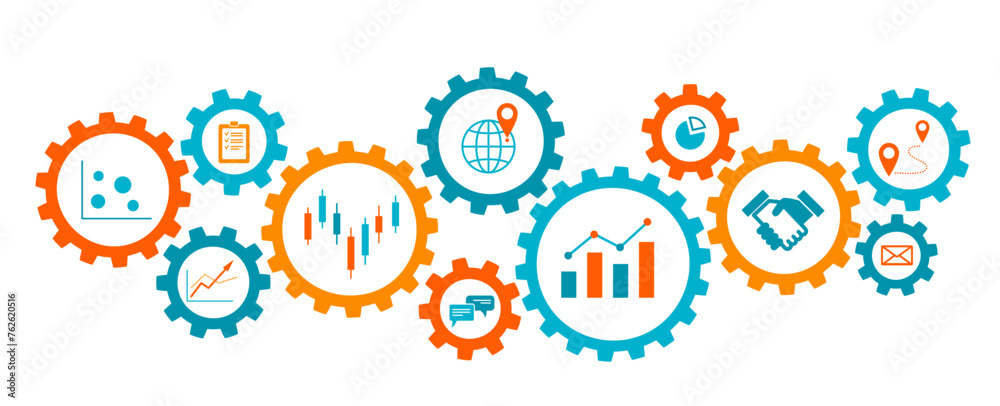 Connected gear cogs with financial charts and graph. Business management concept - obrazy, fototapety, plakaty 