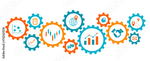 Connected gear cogs with financial charts and graph. Business management concept photo