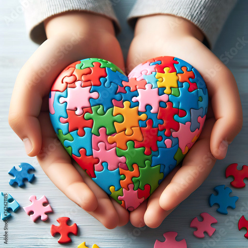 hands of a child holding a puzzle heart is the concept of mental health in children, world autism awareness day, as well as the concept of autism spectrum disorder in teens