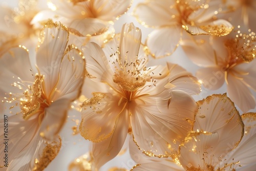 Against a backdrop of pure white, golden flowers bloom with radiant splendor, their petals shimmering in the gentle light of dawn.