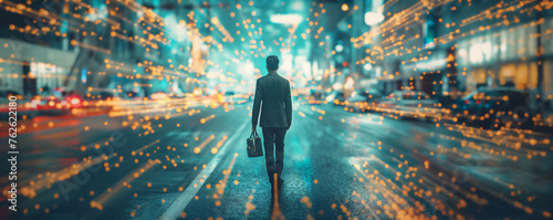 A solitary businessman with a briefcase walks down a bustling city street at night, illuminated by the golden glow of urban lights