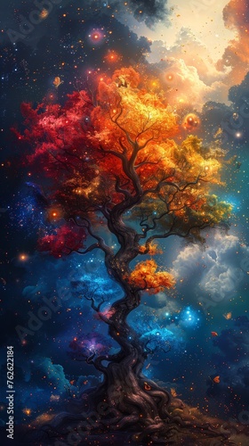 Colorful Fantasy Tree Illustration Background Generative AI © Alex