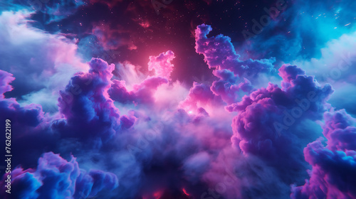A visually striking digital artwork of a nebula-like dreamscape, with clouds bathed in vibrant pink and blue hues against a starry background