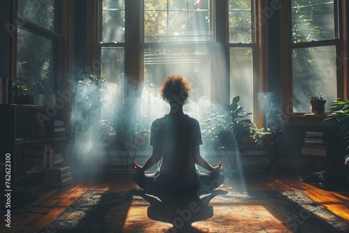 A person meditates in lotus position amidst sunbeams in a cozy, plant-filled room.