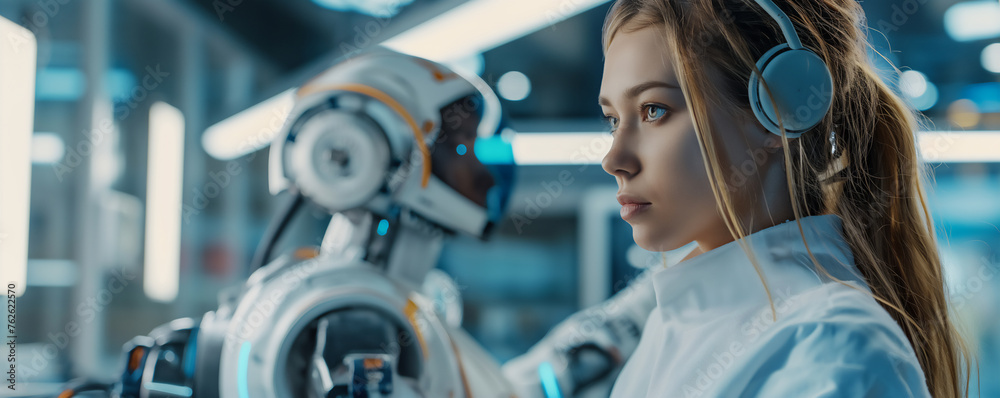 A young woman wearing headphones works closely with a futuristic robot in a high-tech laboratory setting, symbolizing human-machine collaboration