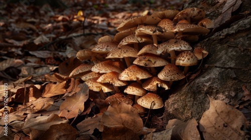 A cluster of earthy mushrooms, their caps dusted with soil, nestles among fallen leaves in a secluded woodland glade, a hidden treasure waiting to be discovered.