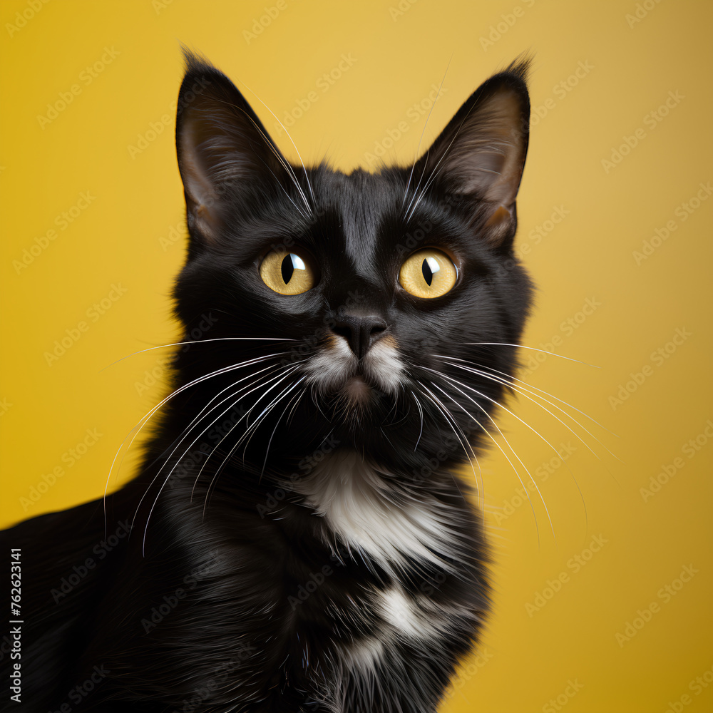 Adorable cat on a yellow background