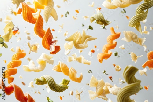 The image features a variety of yellow pasta, fusilli, and farfalle such as rigatoni and penne, falling against a white background. photo