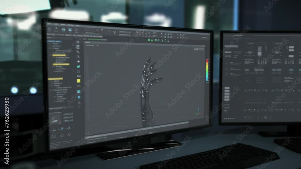 Desktop cyber technology manufacturing the futuristic robotic limbs. Desktop technology creates cyber hand. Desktop technology connecting multiple parts of the virtual cyber arm. Engineering Desktop cyber technology manufacturing the futuristic robotic limbs. Desktop technology creates cyber hand. Desktop technology connecting multiple parts of the virtual cyber arm. Engineering
