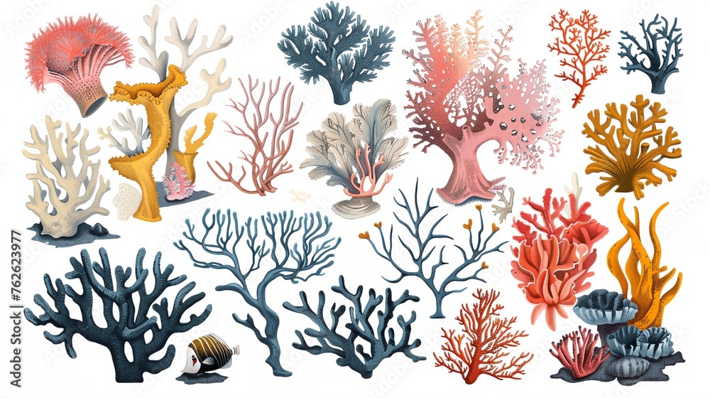 a group of corals and seaweeds on a white background - obrazy, fototapety, plakaty 