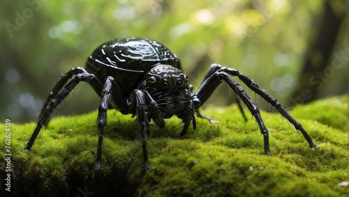 Closeup view of black spider with its body covered in shiny black exoskeleton