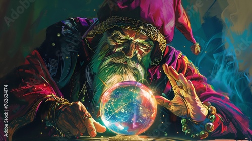 a wizard holding a crystal ball in his hands photo