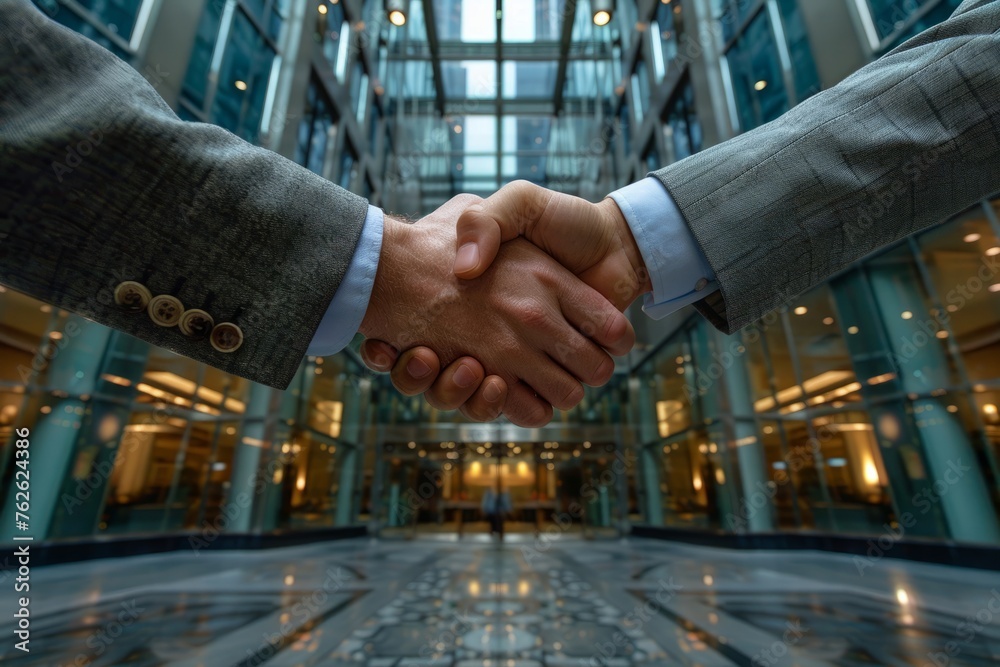 Two business professionals engage in a firm handshake in a reflective marble lobby. - obrazy, fototapety, plakaty 
