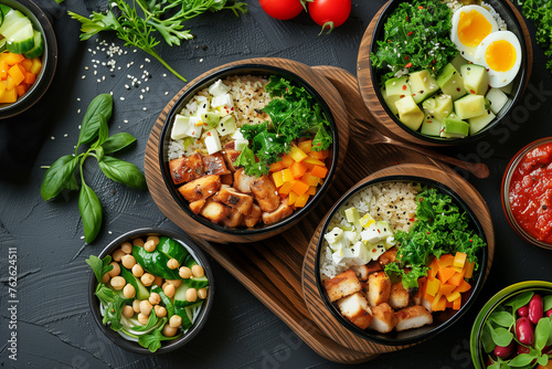 A healthy meal delivery service with pre-portioned ingredients and recipes. Various food ingredients and dishes are placed in bowls on the table