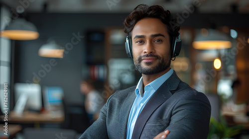 Young man works in an office speaking through headphones with a microphone or as a call center