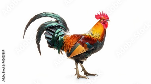 rural life with a proud rooster, isolated against a clean white background, showcasing its vibrant feathers and majestic stature photo