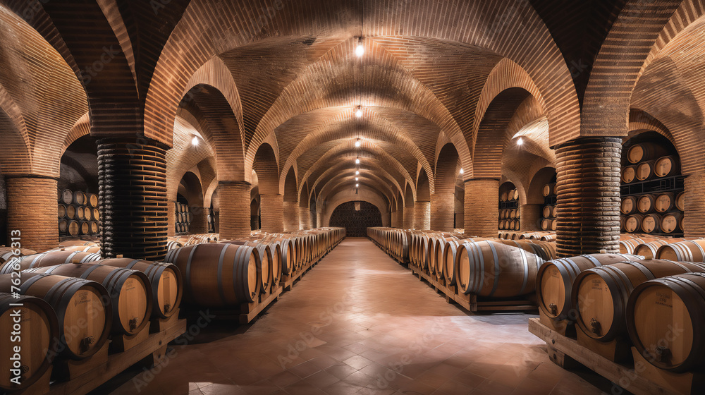 Symmetrical view of a traditional wine cellar lined with rows of oak aging barrels, highlighting the classic wine-making process and storage - obrazy, fototapety, plakaty 