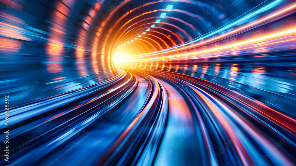 Speed Through the City: Blurred Motion in a Futuristic Urban Tunnel, Symbolizing Fast-Paced Life and Modern Transportation