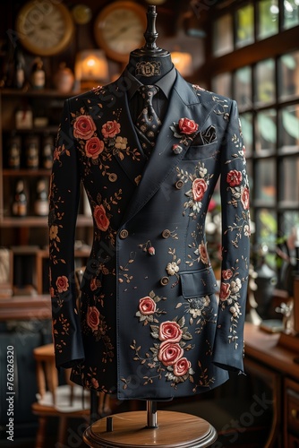 An elegant floral patterned blazer, complemented by a matching tie, displayed on a mannequin in a luxury clothing store.