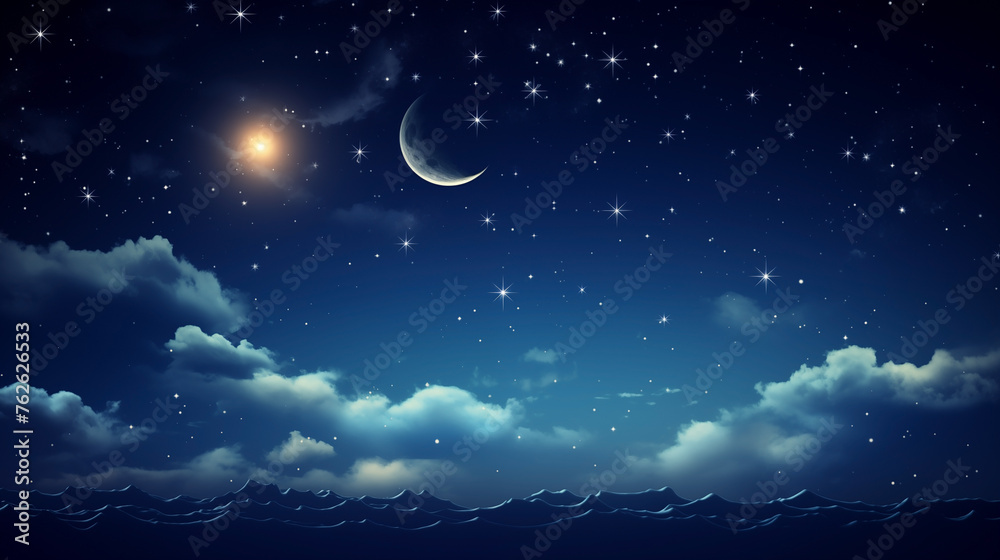 Crescent moon and stars background over calm ocean and cloudy sky Crescent moon and stars background over calm ocean and cloudy sky