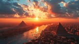 Generative AI Timeless pyramids, drone's aerial view, painted sky, distant horizon, hyper-realistic sunset over Egypt