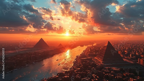 Generative AI Timeless pyramids, drone's aerial view, painted sky, distant horizon, hyper-realistic sunset over Egypt photo