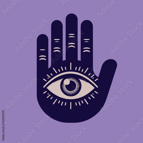 Hand palm of psychic with all seeing eye, mystic and occult palmistry, esoteric and fortune telling by hand. Purple vector illustration. Logo, emblem, sign