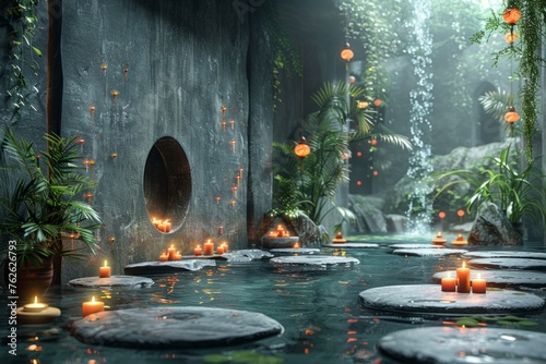 A zen garden with stepping stones, cascading water, and glowing candles promoting a meditative state.