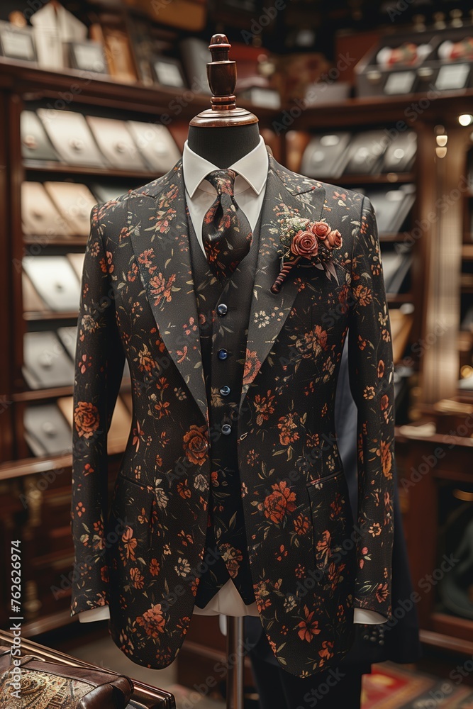 A mannequin with a dark, floral patterned suit with a matching tie and a boutonniere, in a well-lit, clothing store.