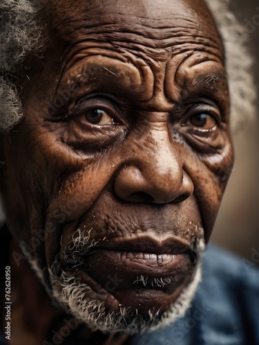 Portrait of an elderly black man. The eyes reflect the strength of generations. Crumpled wisdom. Black history month concept. Generative AI