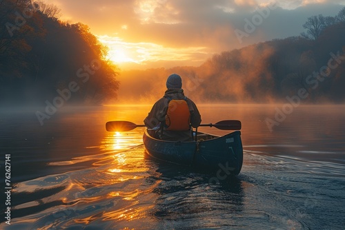 A kayaker enjoys a serene journey on a misty river at sunrise, with golden light reflecting on the water. © Good AI