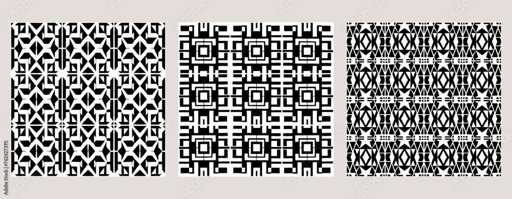 Set of 3 Oriental black and white pattern for fabric, wallpaper, flyer, business card. For use in graphics.