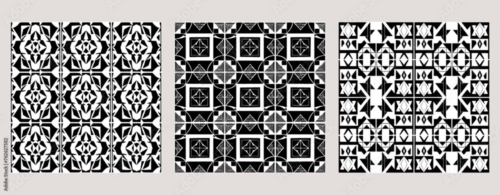 Set of 3 Oriental black and white pattern for fabric, wallpaper, flyer, business card. For use in graphics.