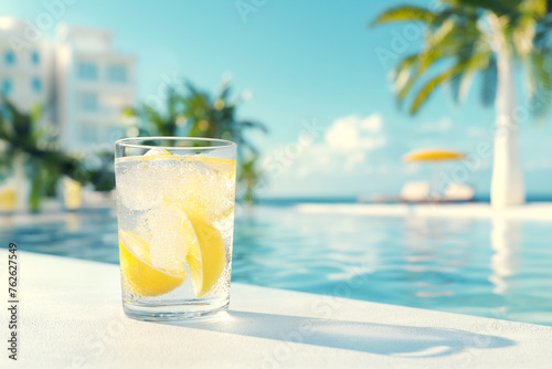 Lemon lemonade in a glass on a white concrete surface against the background of a luxury tropical hotel