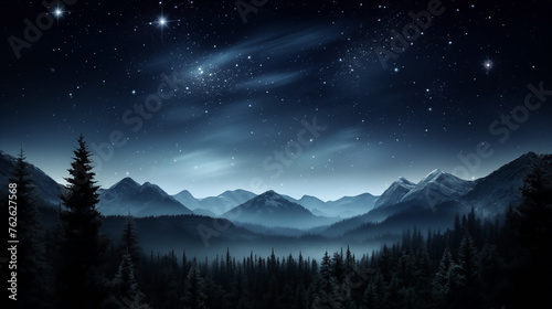 Mystical night sky background with stars over silhouetted pine trees and mountains
